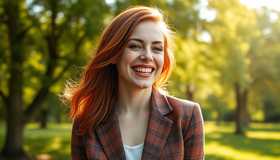 Woman smiling in sunlit park wearing plaid blazer, representing DGBG Entertainment Nashville.