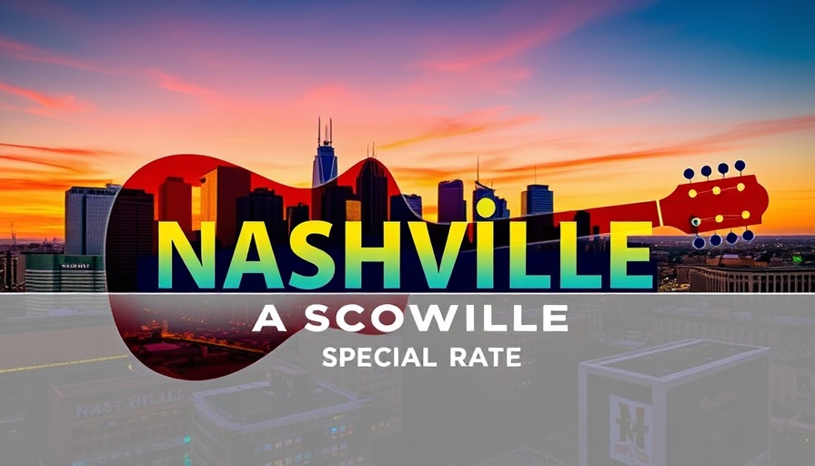 Nashville skyline logo with guitar shape promoting hotel rates.