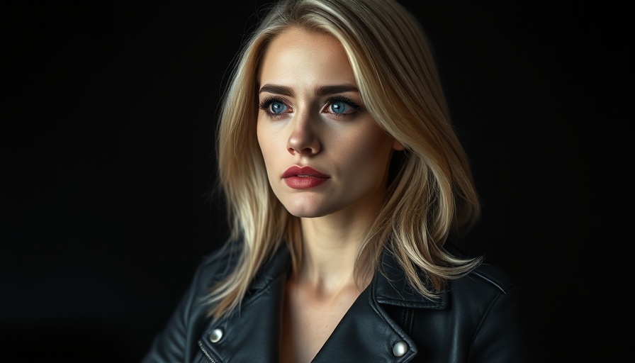 Blonde woman in black jacket, contemplative look, dark background