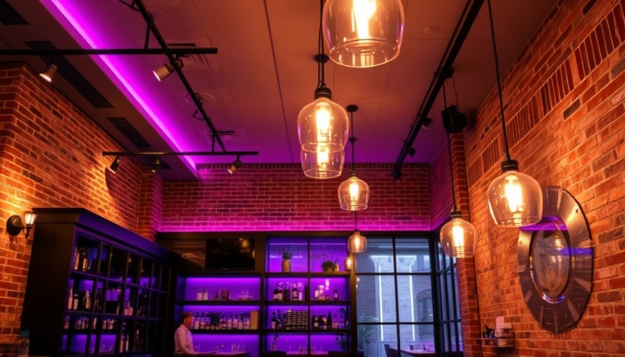 Chic Nashville restaurant interior with purple lighting.