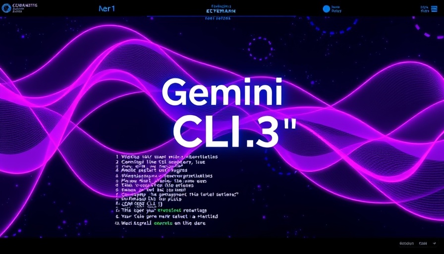 Futuristic interface showing Gemini 3.0 CLI features with neon design.