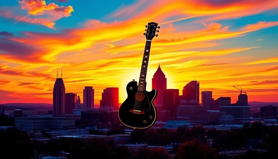 Nashville skyline with guitar logo and special hotel rate badge.