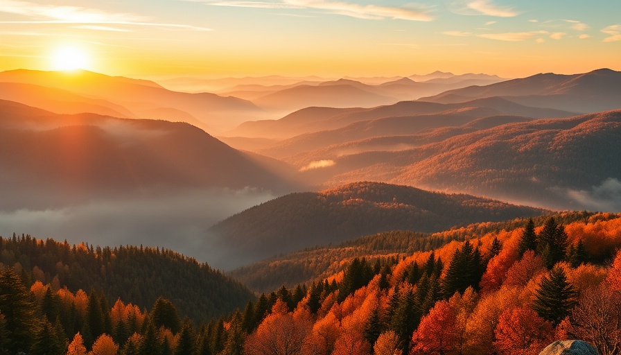 Franklin and Nantahala fall foliage with sunrise over mountains.