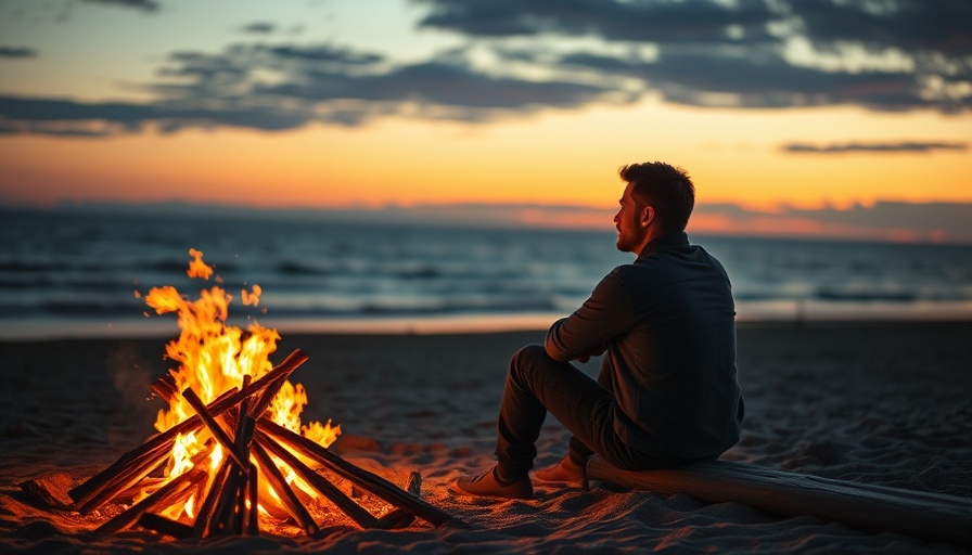 Man by beach bonfire at sunset, reflecting mood.