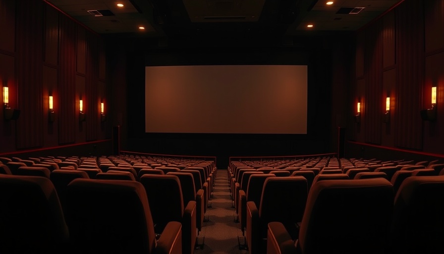 Empty movie theater interior viewed from the back with plush seats and a blank screen.