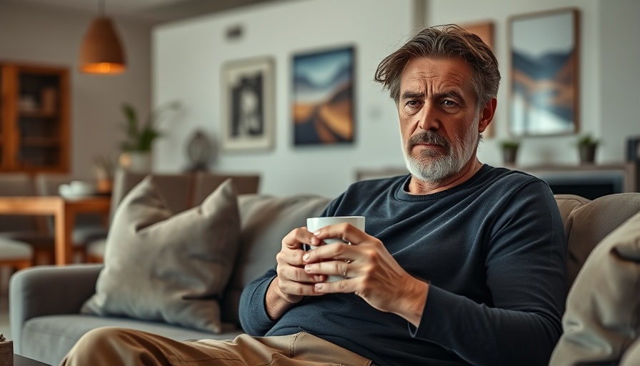 Disheveled man holding cup on couch in living room, AI homeless man prank.