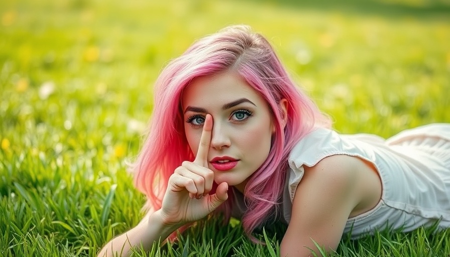 Playful woman with pink hair gesturing for silence on grass.
