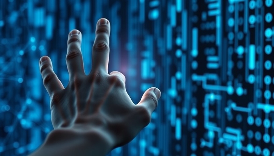 Hand reaching towards digital data streams, AI-driven data management for scientific research.