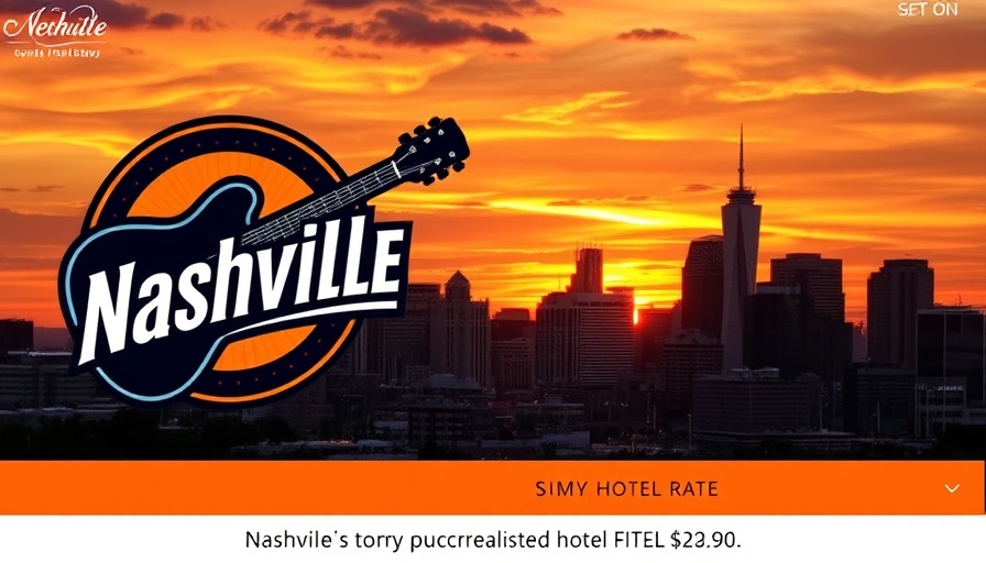 Nashville logo with guitar and city skyline at sunset promoting hotel rates.
