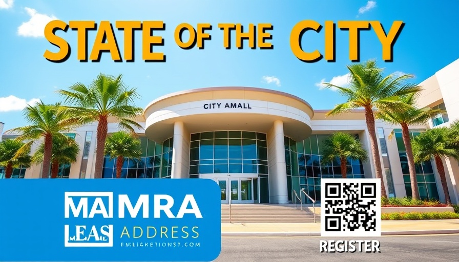 Promotional poster for State of the City Address in Miramar, featuring city hall.