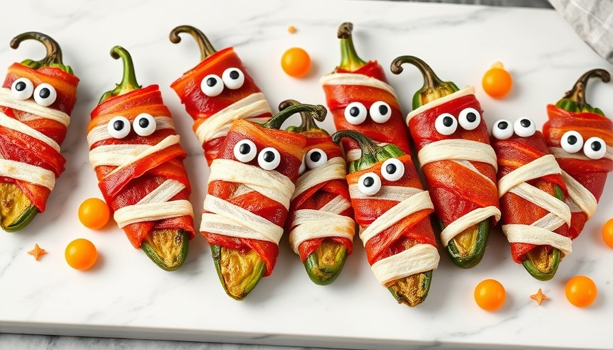 Jalapeño Popper Mummies Recipe: Bacon wrapped jalapeños with candy eyes.