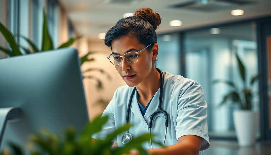 Healthcare professional focused on computer at hospital reception emphasizing firewall security for healthcare.