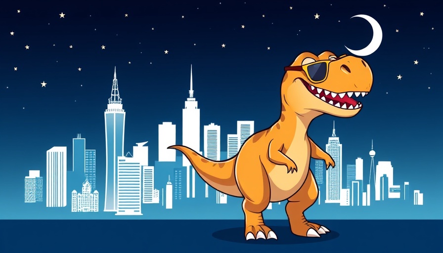 Purrs & Pints Fundraiser at Model A Brewing flyer with fun cartoon dinosaur and city skyline.