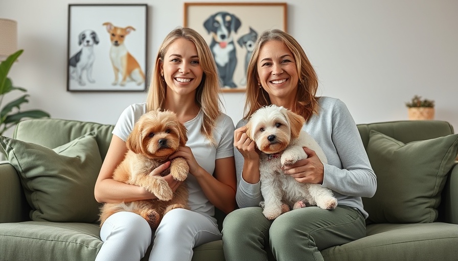 Two women with dogs on a green couch indoors