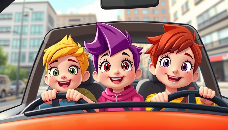 Cartoon characters driving a van in urban scene
