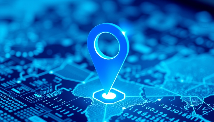 Futuristic map data design with a blue location pin and digital grid.