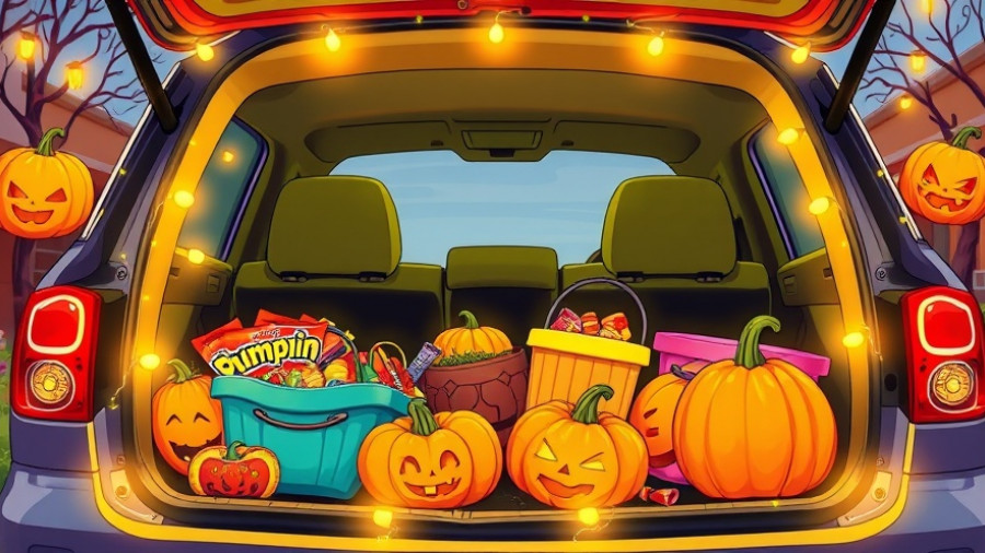 Festive car trunk with candy and pumpkins, Cars + Coffee Trunk or Treat theme.