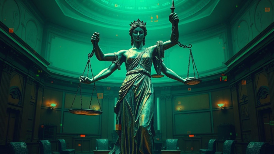 Abstract art of Lady Justice with digital glitches reflecting AI rent regulation.