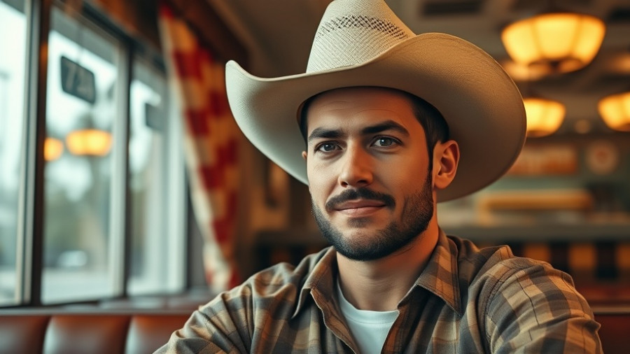 House of Pies commercial F1-themed diner scene with a cowboy hat man.