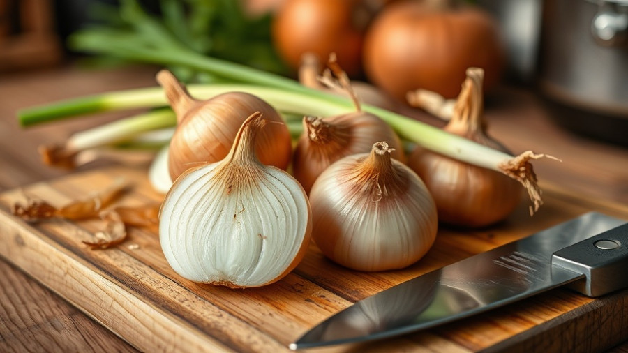 Fresh onions on a wooden board for budget-friendly gardening.