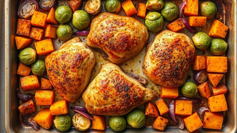 Sheet pan chicken with Brussels sprouts and fall veggies, vibrant colors