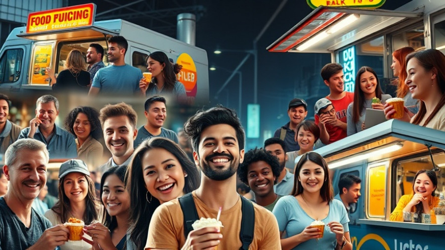 Collage highlighting cheap food trucks in Houston with groups enjoying meals.