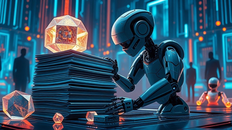 Futuristic AI robot interacting with data and glowing crystals.