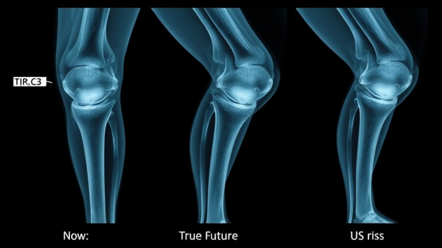 AI predicts future knee X-rays: tri-panel comparison of knee X-rays with severity and risk assessments.