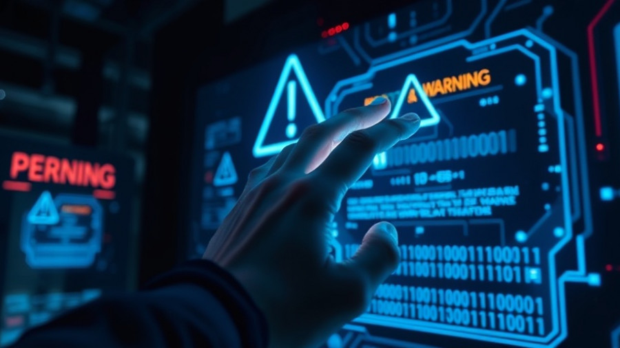 Futuristic hand interacting with computer screen, warning symbols appear.