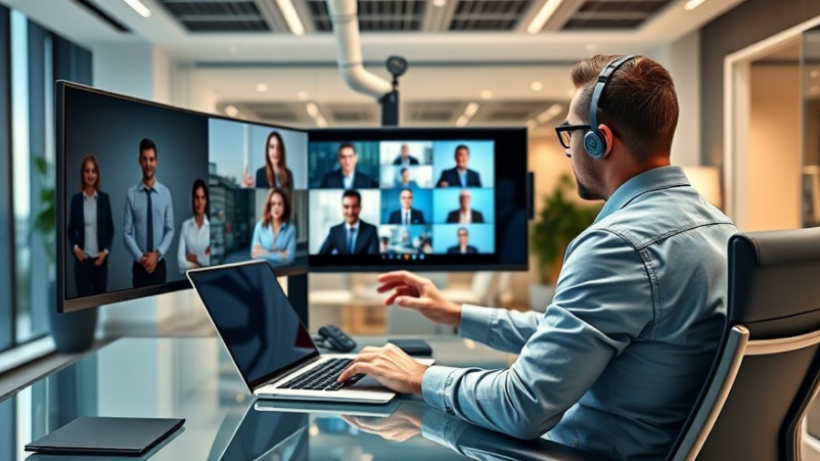 Modern collaboration environment with multi-screen setup showing virtual meeting.
