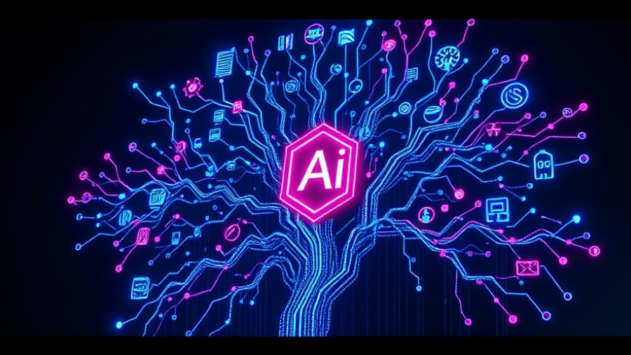 AI content aggregation concept with a digital tree and tech icons.