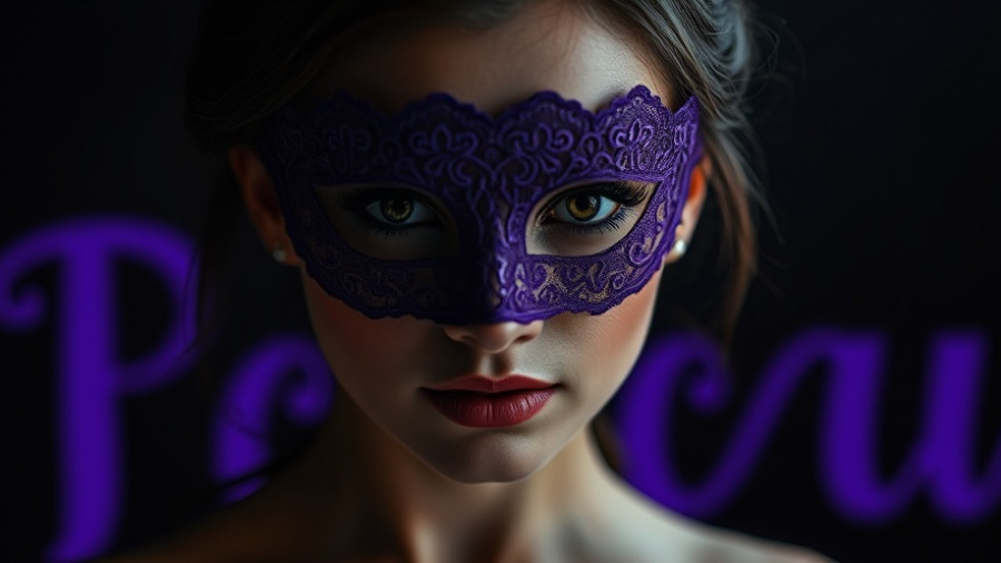 Elegant woman in purple lace mask amidst black and white background, Uncensored AI Image Generator.