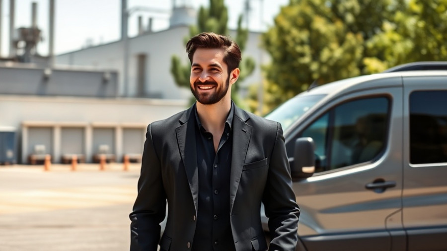 Man in black blazer smiling near vehicle, robots theme.