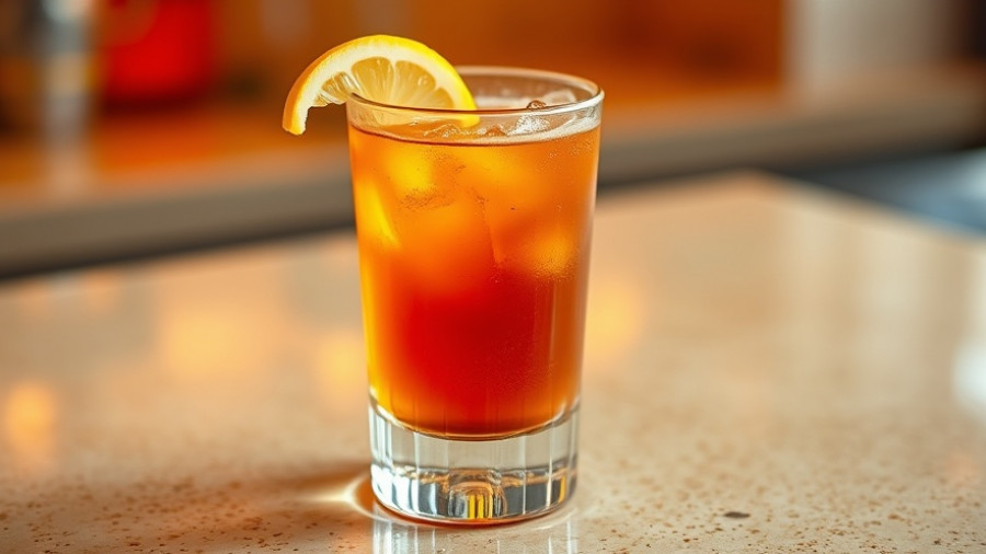 Georgia Bulldogs Cocktail with lemon twist on beige countertop.