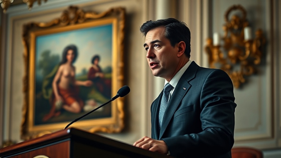 Speaker at podium in elegant setting for Big Tech funding Trump White House.