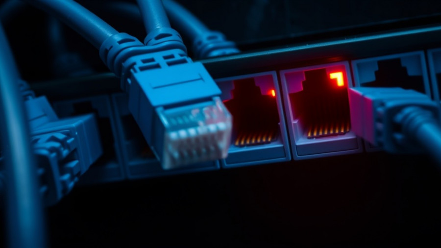 Ethernet cables connected with a red warning sign, illustrating AI for cybersecurity threats.