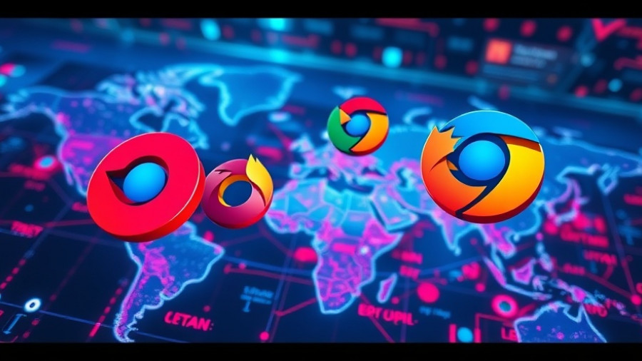 Stylized browser logos on digital interface background.
