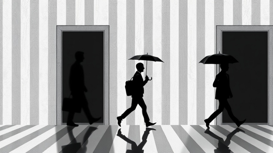 Illustration of 2025 tech layoffs with symbolic figures and umbrellas.