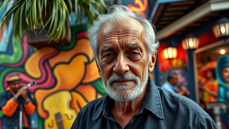 New Orleans Film Festival mural backdrop with an older man.