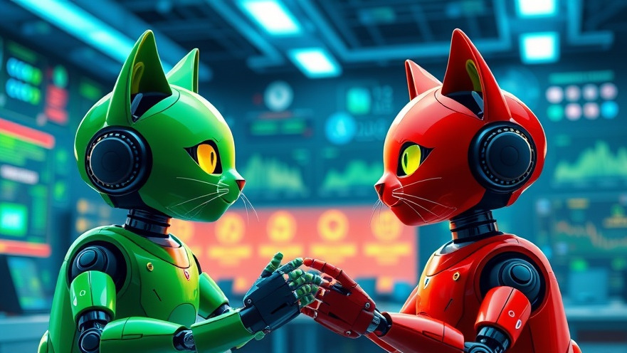 Humanoid cat AI figures in a vibrant classroom, exemplifying decentralized AI training through collaboration.