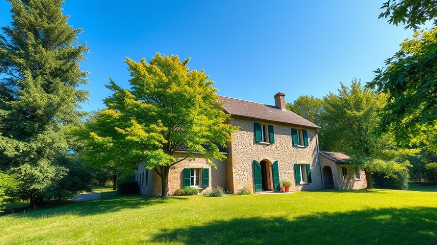 Historic stone building in Charlotte, detailed greenery, sunny day.