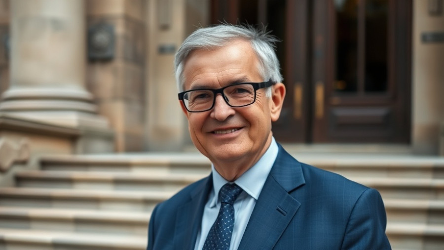 Professional older man in suit near a building entrance.