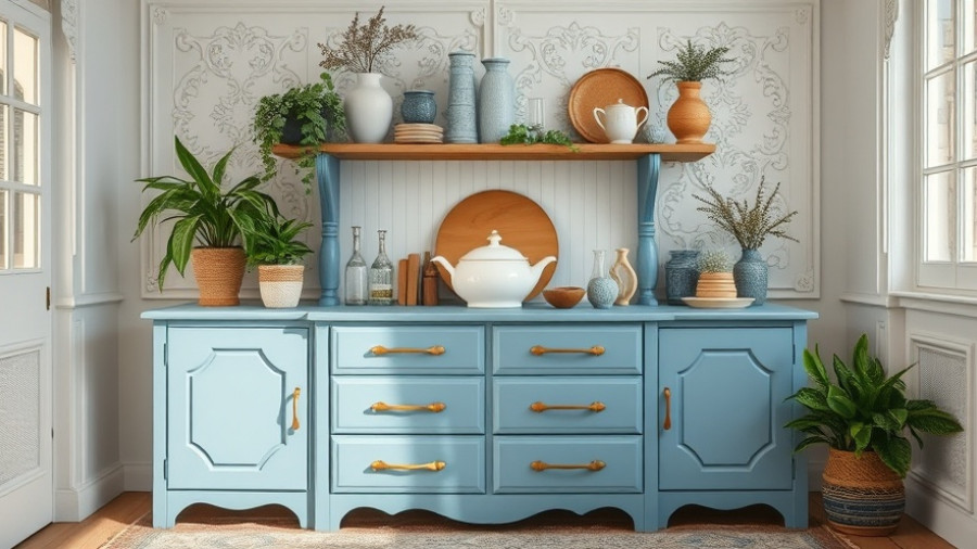 Thrift dresser kitchen storage solution with blue decor and plants.