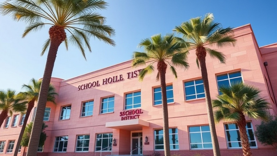 Clark County School District building exterior with palm trees, highlighting school performance ratings.