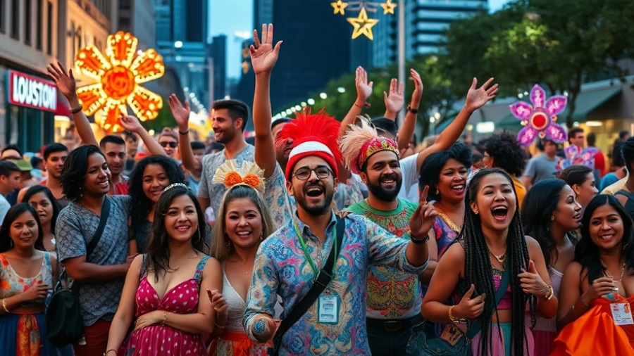 Vibrant collage of free events in Houston with diverse participants.