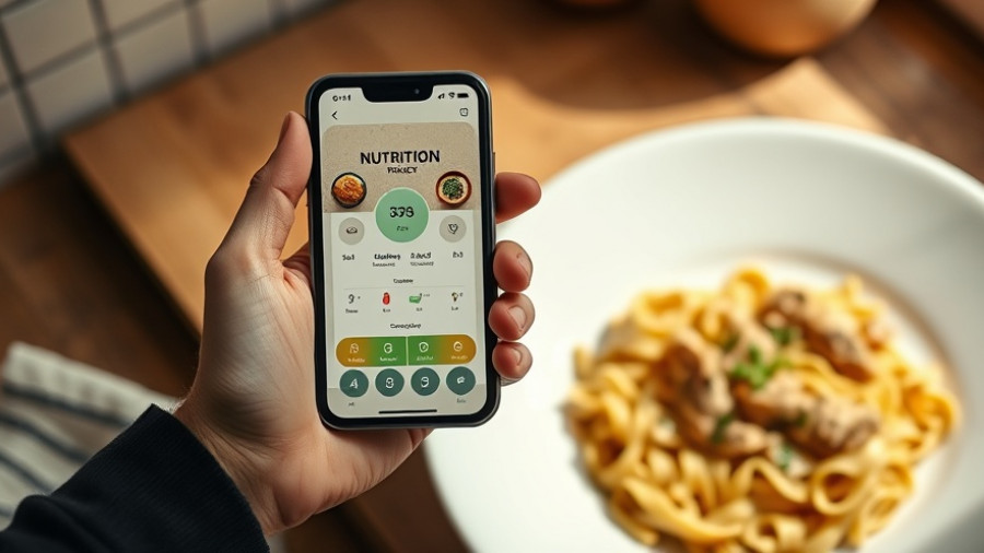 Hand holding phone showing nutrition tracking app with AI, near pasta.