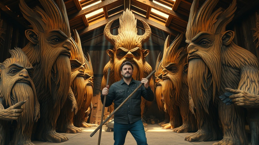 Giant wooden troll sculptures at Charlotte art event with artist in sunlight.