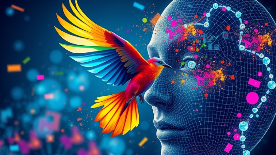 Colorful bird emerging from digital face, symbolizing AI marketing tools.