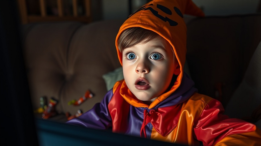 Young boy in Halloween costume watching TV, surrounded by candy.