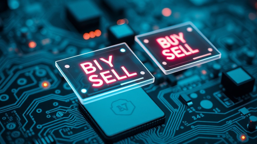 Futuristic circuit board with holographic buy-sell interface, optical computing for AI.